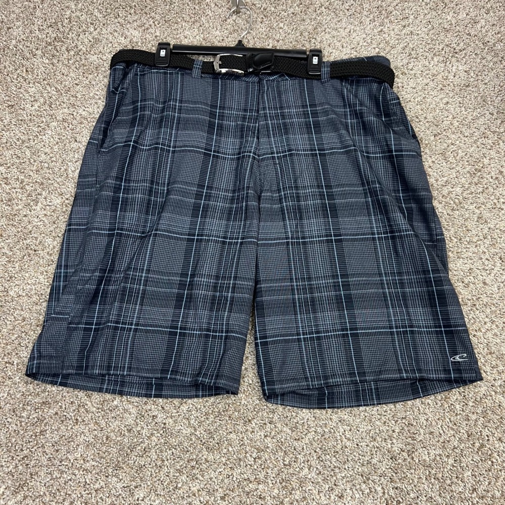 ONeill Mens Plaid Golf Shorts Size 40 Black Blue W/ Belt Lightweight Breathable